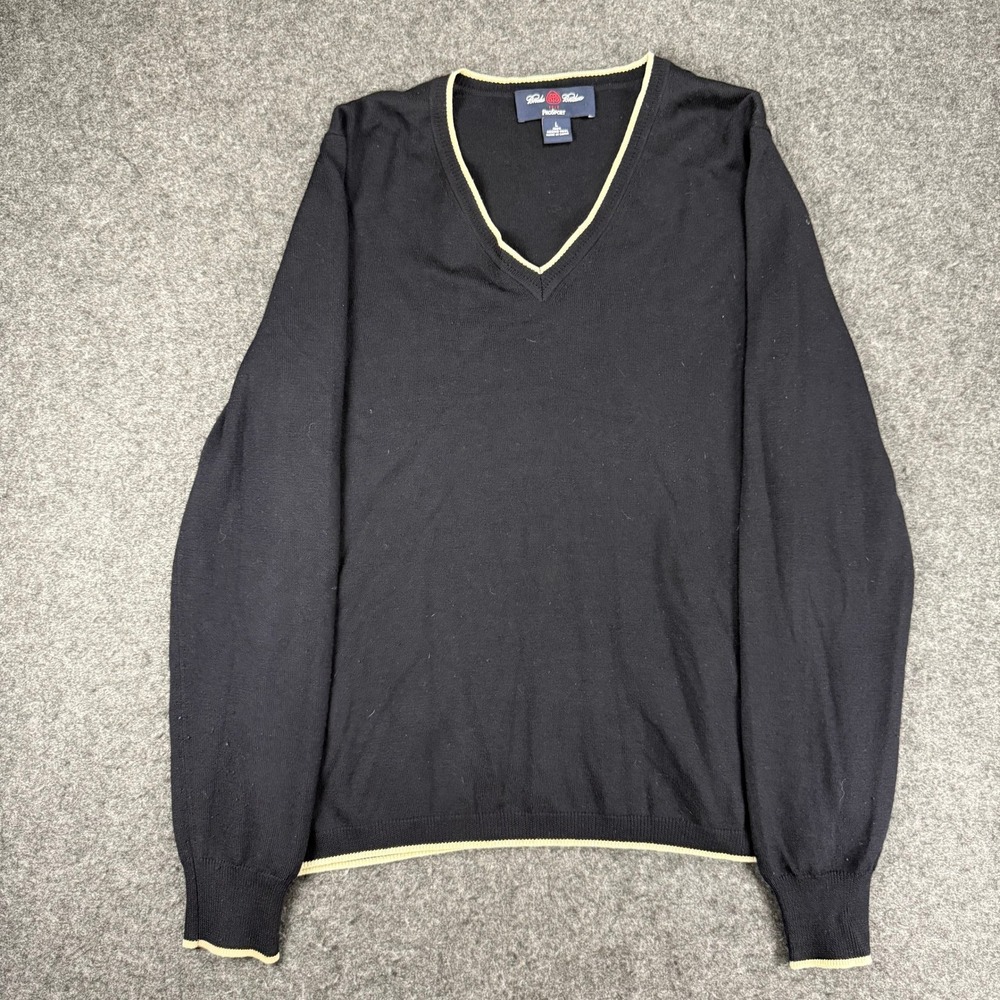 Brooks Brothers ProSport Merino Wool V-Neck Sweater Black Mens Large Classic